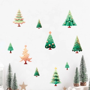 Self-adhesive Christmas tree wall stickers in green and pink for bedroom festive decor