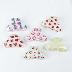 Set of 6 fruit print hair claws featuring lemon, strawberry, and grape patterns