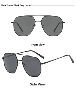 Close-up of black metal aviator sunglasses with polarized lenses from front and side views