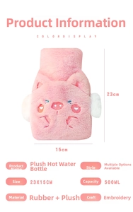 Pink plush hot water bottle featuring a cartoon cat embroidery and 500ml capacity info