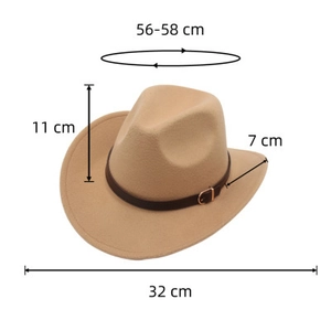 Detailed dimensions of khaki western cowboy felt hat with leather belt and gold buckle
