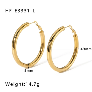 Detail view of 18K gold plated 49mm hollow hoop earrings with size and weight specs
