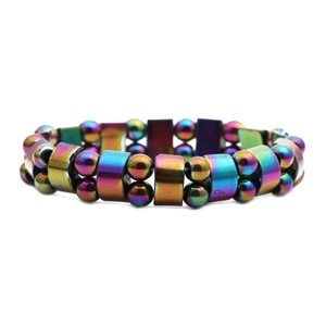 Rainbow plated hematite beaded bracelet with colorful magnetic stones in circular design