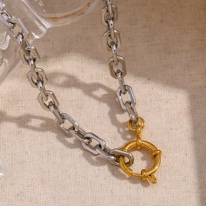 Close-up of dual-tone necklace featuring silver rectangle links and a gold spring clasp