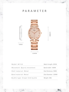 Detailed parameter diagram of rose gold M1152 quartz watch with alloy metal mesh band