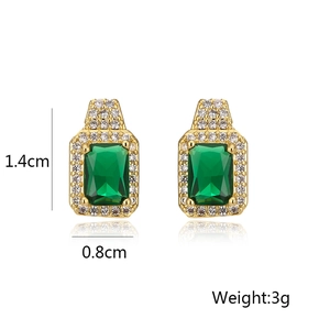 Detail shot of gold-plated square emerald zircon earrings showing 1.4cm size and 3g weight