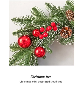 Close-up of frosted PE wreath details with red berries and pine cones with faux snow
