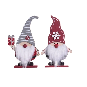 Lot de 2 gnomes de Noël en bois pour décoration de table avec bonnets gris et rouges