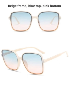 Detail of beige square oversized sunglasses with blue-pink gradient lenses