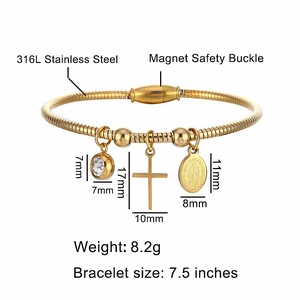 Stainless steel bracelet with cross, Virgin Mary charm and crystal bead on white background