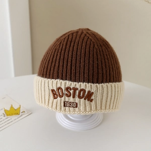 Close-up of Boston 1630 embroidery on two-tone ribbed knit winter hat for kids
