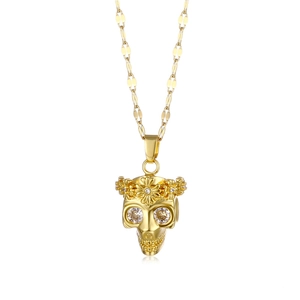 Hiphop gold skull pendant necklace with floral relief and sparkling zircon stones for women