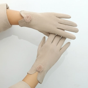 Women's warm beige suede winter gloves with plush pom-poms and fleece lining