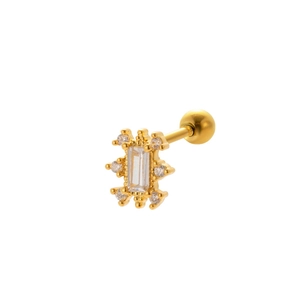 Close-up of golden stainless steel stud featuring a rectangular zircon and barbell back