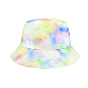 Detailed view of colorful tie-dye bucket hat with reinforced stitching on the cotton brim