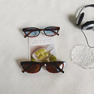 Retro tortoiseshell sunglasses with blue and brown lenses on a minimalist background