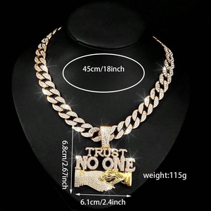Hip hop necklace with Trust No One iced-out pendant and Cuban chain dimensions detail