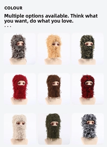 Detailed grid view showing nine colors of tasseled knit balaclavas and face masks