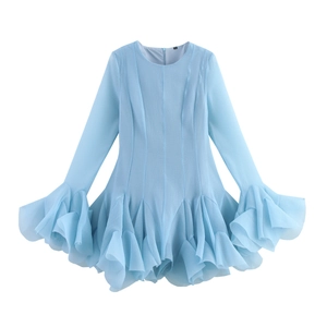 Light blue long sleeve tiered ruffle mini dress with pleated details and flared cuffs