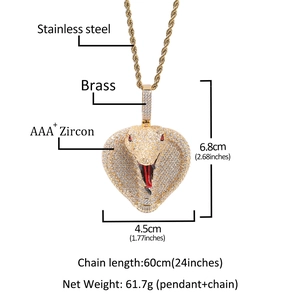 Hip-Hop Kobra-Anhänger aus Goldmessing mit AAA-Zirkon und 60 cm Edelstahl-Halskette für Herren