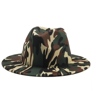 Macro detail of the green camo pattern texture on this wool felt fedora wide brim hat