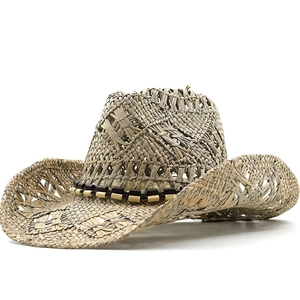 Western Cowboy Straw Hat Handmade Woven Hollow Out Wide Brim With Bead Band Summer Outdoor Beach Sunshade Unisex