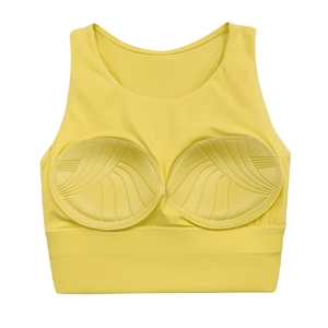 Dettaglio del reggiseno sportivo giallo con coppe integrate e trama a onde