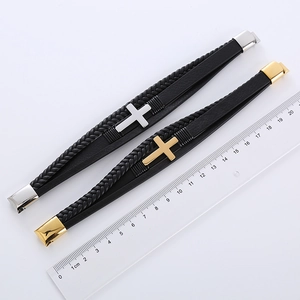 Men Multi Layer Braided Leather Bracelet With 304 Stainless Steel Cross Magnetic Clasp Classic Punk Style