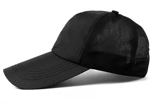 Side view of a black quick-dry mesh baseball cap with breathable vents for outdoor sport