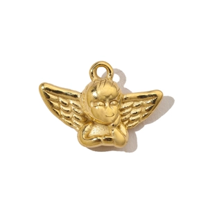 Detailed view of a gold-colored cherub angel pendant made of polished stainless steel
