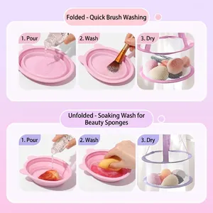 Foldable silicone cleaning bowl and hanging drying net for makeup brushes and sponges