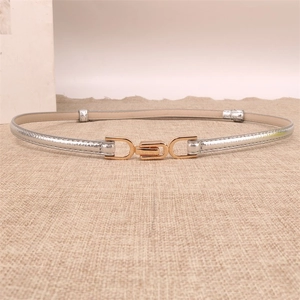 Detail of silver skinny belt with gold interlocking buckle on linen background