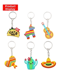 Detailed view of six PVC Mexican party keychains including sombrero and cactus