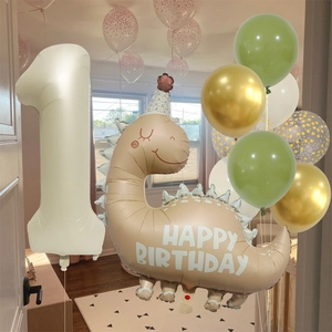 Cream white number 1 and green dinosaur foil balloons set for first birthday party decor
