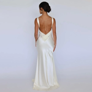 Women Sexy Satin Evening Gown V-Neck Backless Maxi Dress With Artificial Pearl Chain Decor Formal Party Floor-Length Sleeveless