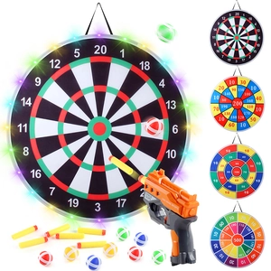 Kids sticky ball dart board set with LED space gun and multiple colorful target patterns