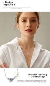 Detail of silver moissanite necklace with three round stones and model wearing shot