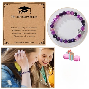 Handmade 8mm purple natural stone bracelet with butterfly pendant and graduation card