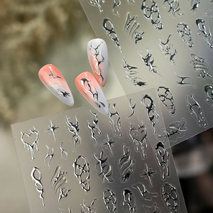 Silver embossed metallic line nail stickers with Y2K punk melt heart and star designs
