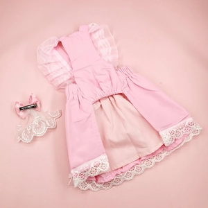 Detailed view of pink pet wedding dress with white lace trim and matching bow headpiece