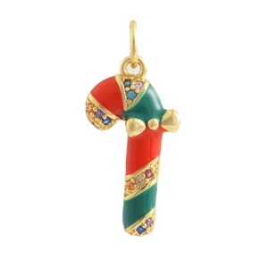 Pendentif canne en sucre dorée avec zircons colorés et émail pour bijoux DIY créatifs