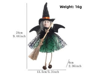 Detailed view of Halloween witch pendant with green mesh skirt and broomstick measurements