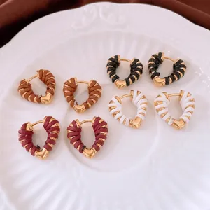 Heart Huggie Earrings For Women 18K Gold Plated Copper Braided Leather Wrapped Chic Minimalist Jewelry Daily Accessories