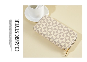 Top view of beige and brown geometric pattern long wallet with cards and coffee cup