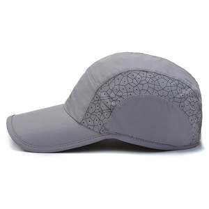 Quick-dry dark grey sun hat with laser-cut side vents and extended brim for outdoor sports
