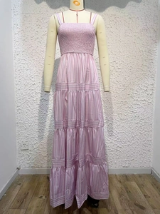 Detail of pink striped sundress with smocked bodice and tiered ruffle skirt