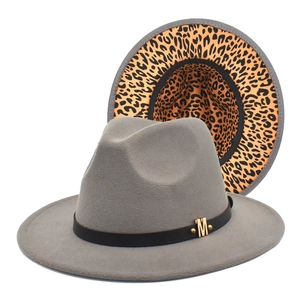 Gray wool fedora hat with leopard print lining and elegant gold M metal buckle trim