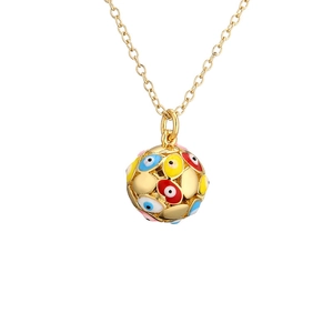 Golden necklace with candy-colored enamel evil eye charms on a polished chain