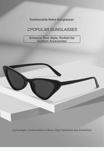 Dettaglio di occhiali da sole cat-eye neri con montatura geometrica su supporto bianco