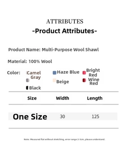 Size chart showing 30x125cm dimensions for the 100% wool knitted pashmina shawl